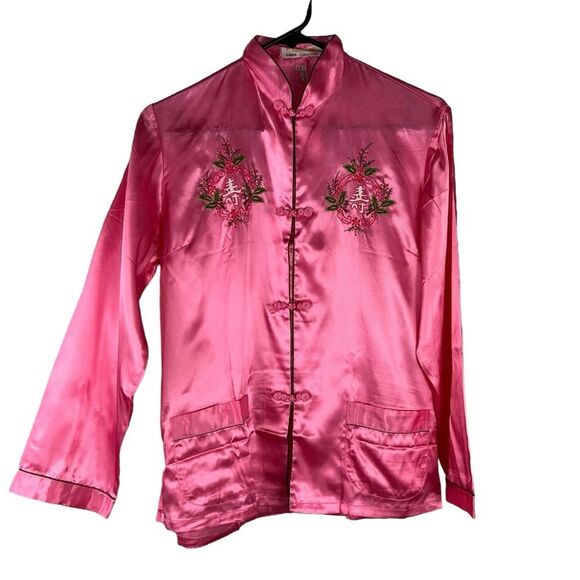 New Vintage Longevity Pink Satin Chinese Pajama Set Large Embroidered - Picture 2 of 16
